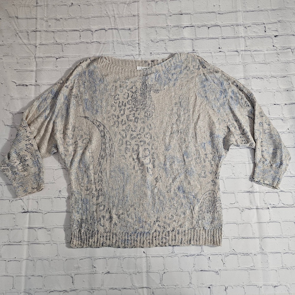 Sioni‎ Womens Abstract Animal Print Open Knit Dolman Sleeve Sweater Beige Blue M